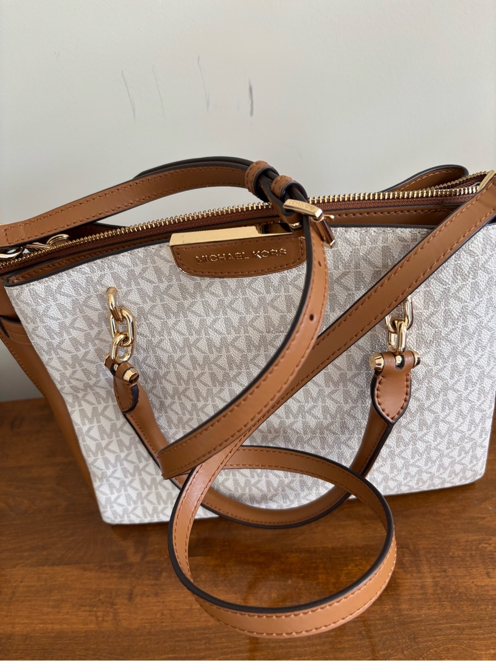 Michael Kors Beige Logo Canvas Shoulder Bag with Tan Trim